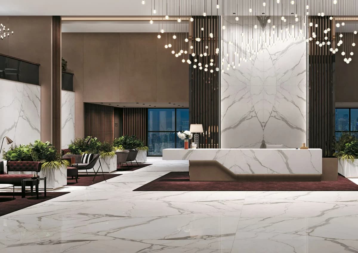 Classic Statuario installed — large-format marble-effect surface