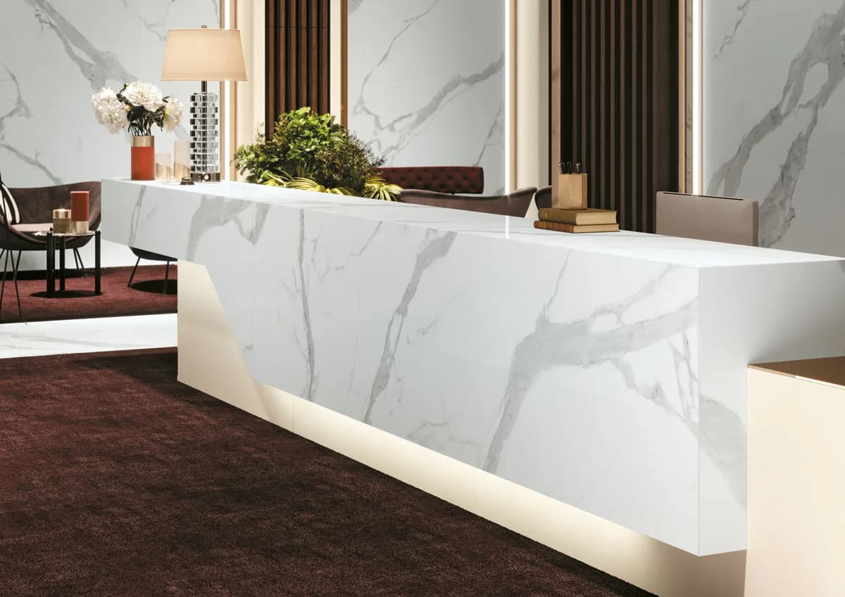 Classic Statuario installed — large-format marble-effect surface