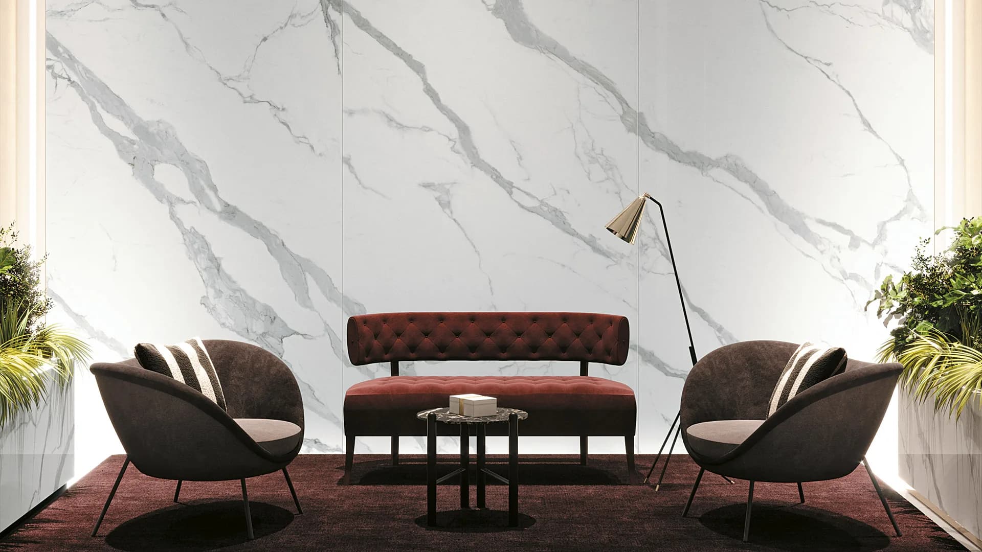 Classic Statuario installed across a contemporary living space