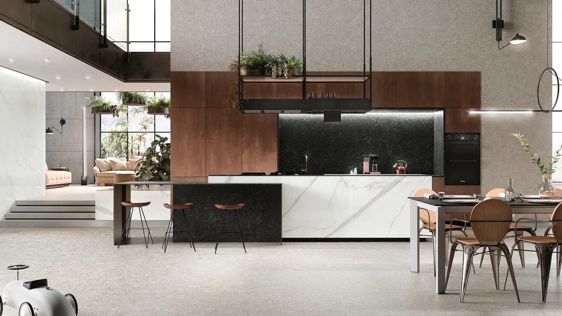 A contemporary interior finished in large-format Extra Statuario