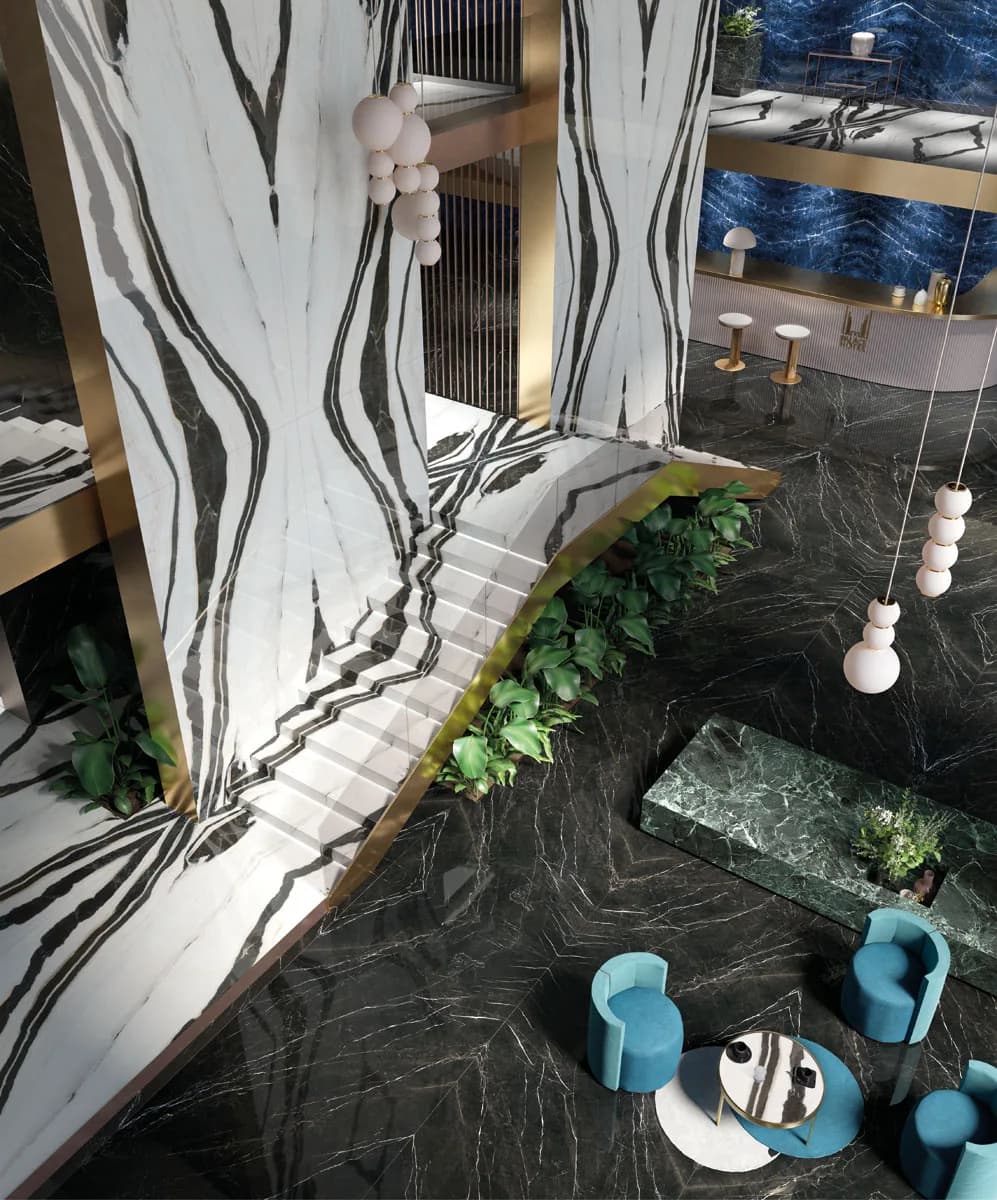 Nero Marquinia installed — large-format marble-effect surface