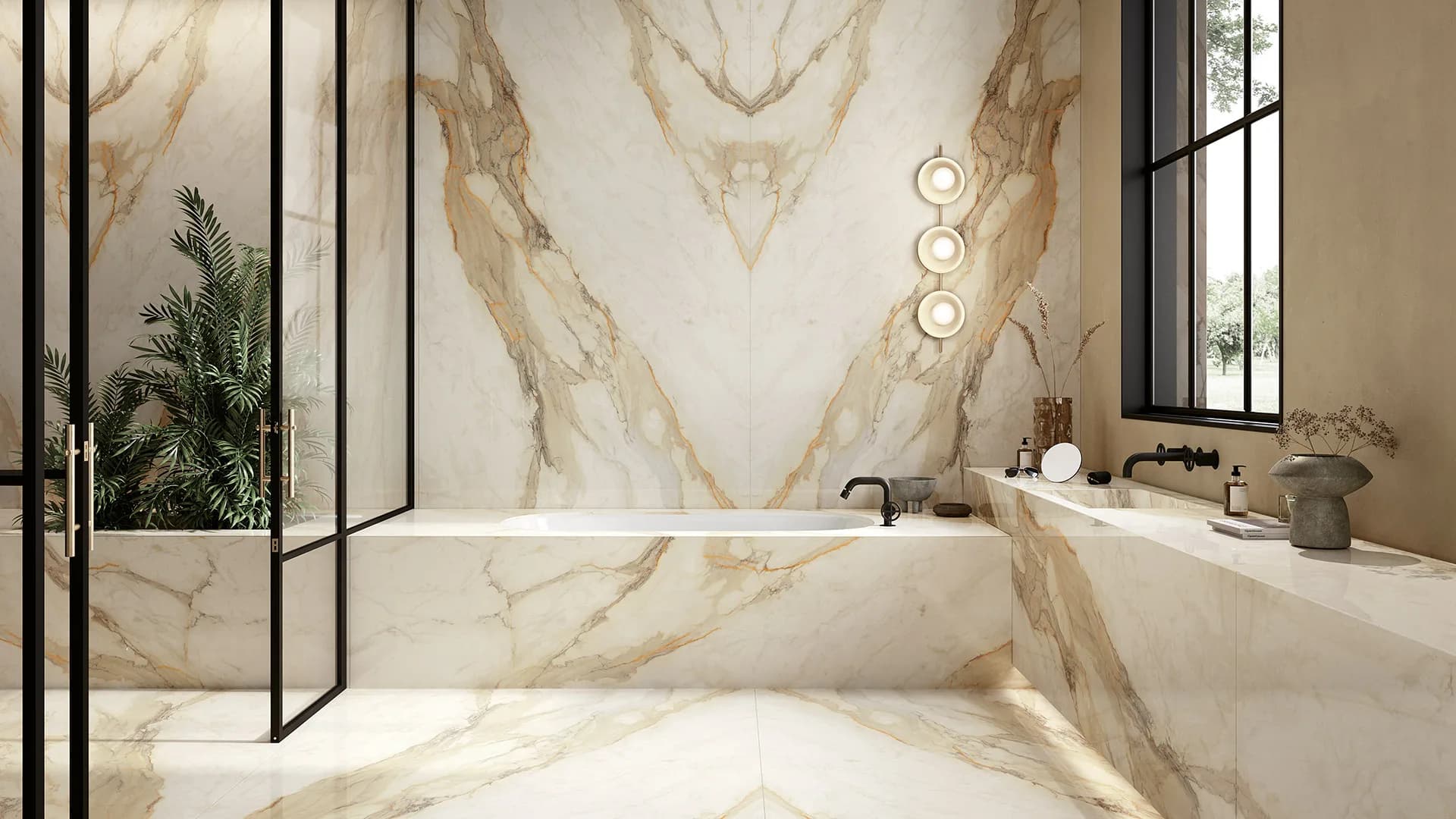 A Calacatta Hermitage surface across a bathroom interior