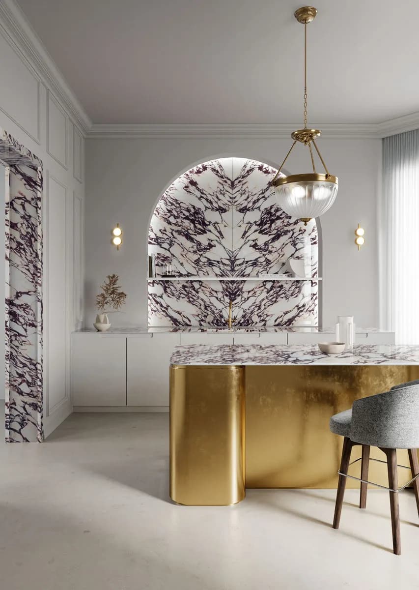 Calacatta Viola installed — large-format marble-effect surface