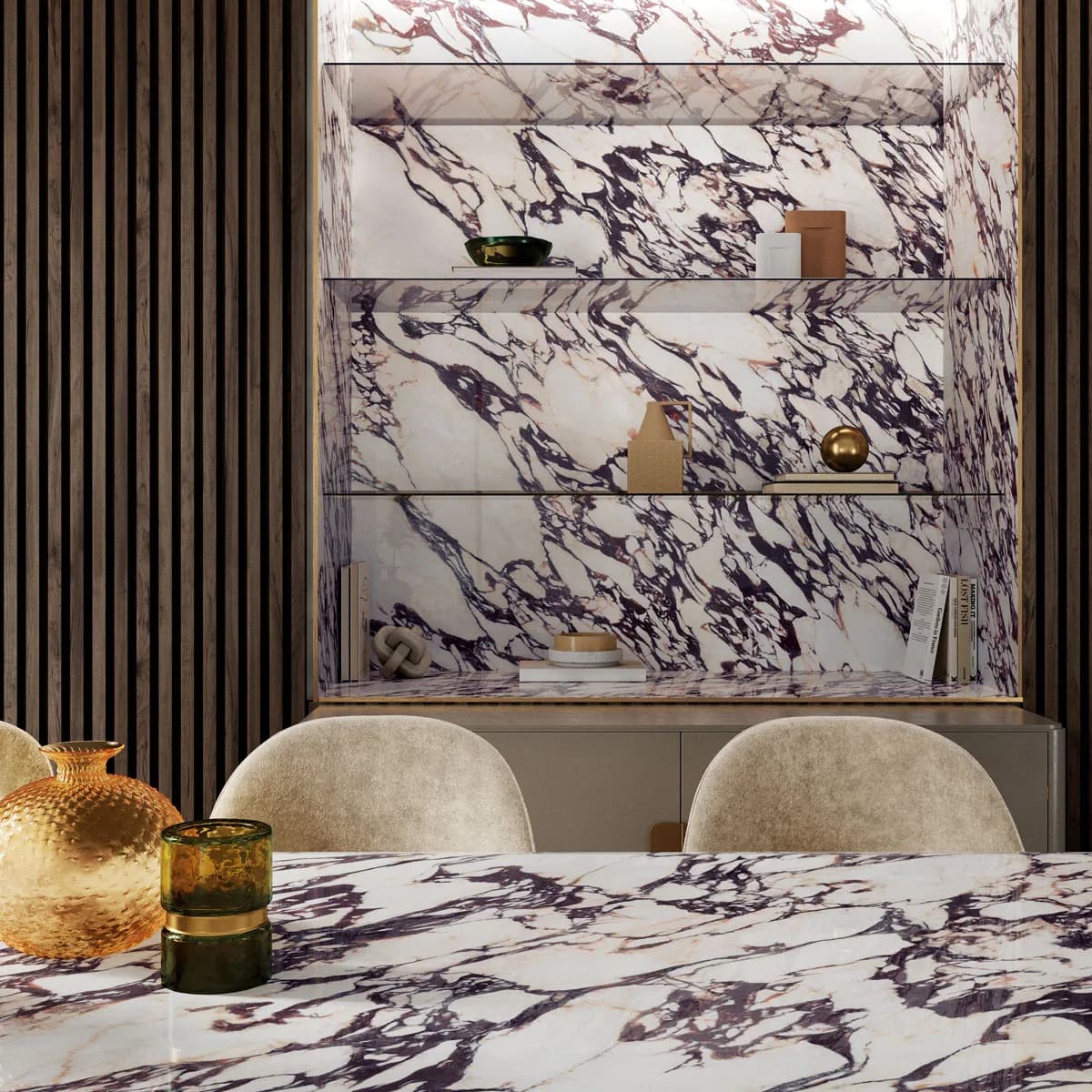 Calacatta Viola installed — large-format marble-effect surface