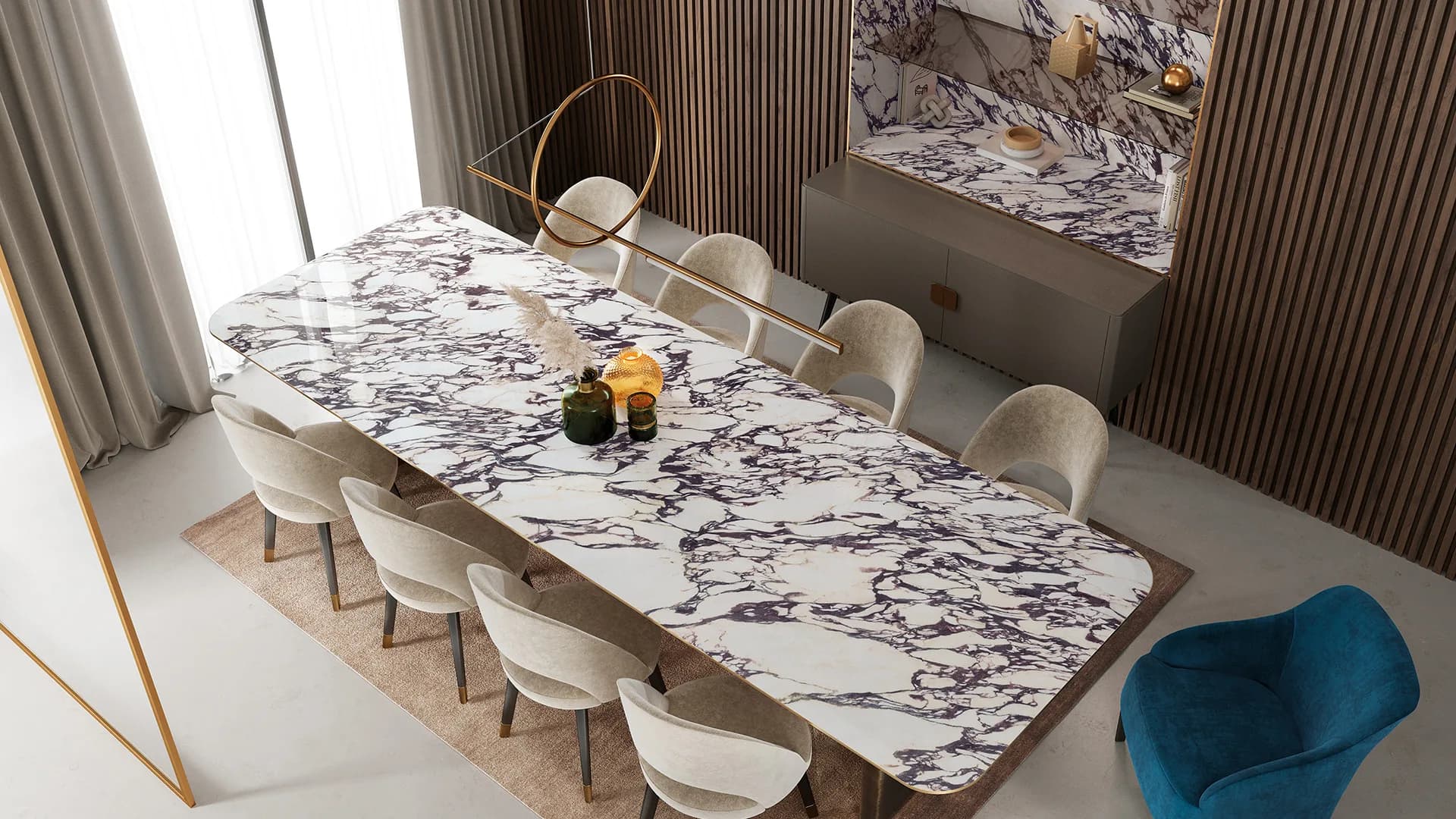 Bookmatched Calacatta Viola across a full-height wall