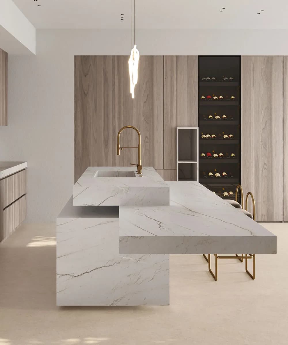 Calacatta Brasile installed — large-format marble-effect surface