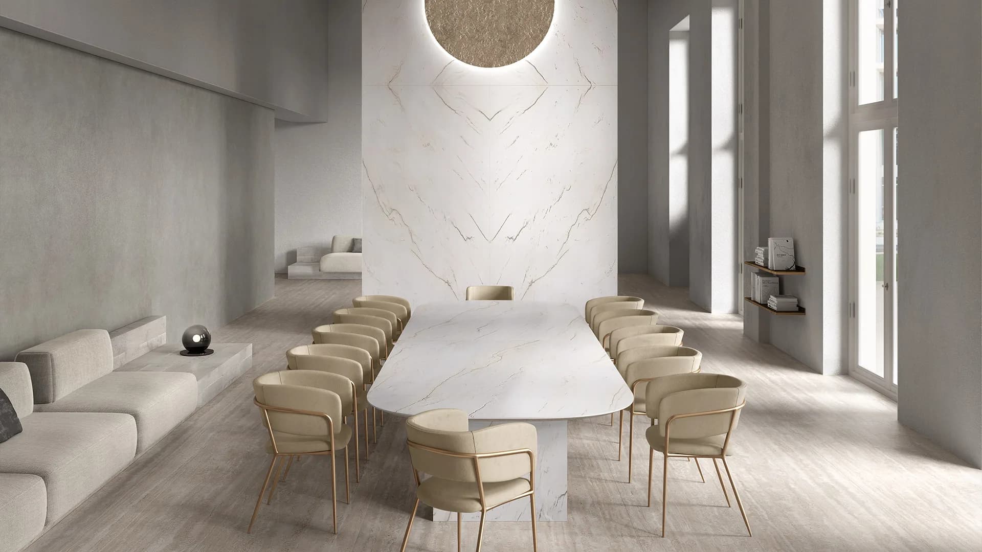 Calacatta Brasile veining running across a full-height installation