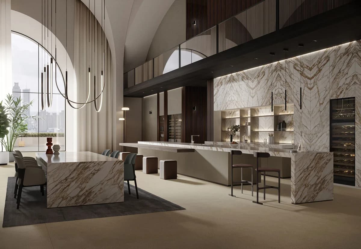 An Arabescato Diva surface specified across a contemporary interior